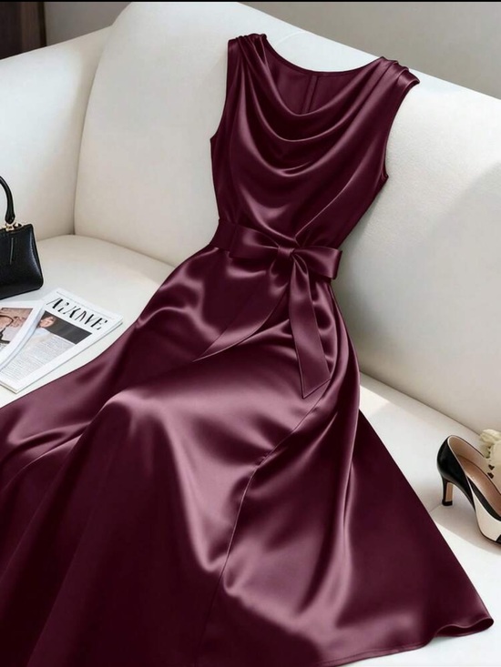 Dresses & Skirts - NWOT: Elegant Sleeveless Satin Dress with Waist Tie